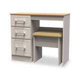 A desk with three drawers on the left and a cushioned seat in the middle, rendered in a 3D illustration against a plain white background.