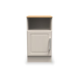 A beige wooden nightstand with a single closed drawer and an open shelf above, set against a plain white background.