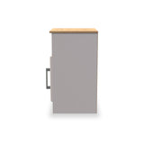 A gray filing cabinet with a wooden top and metallic handle is positioned against a white background.