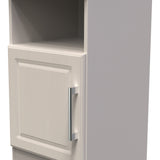 A partially open white cabinet drawer with a metal handle, against a neutral background, suggesting a simple, modern kitchen setting.