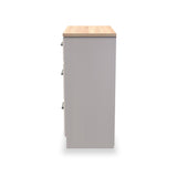 A tall, freestanding gray bathroom cabinet with a wooden top and silver handles against a white background.