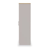 A closed light-grey door with a brown top edge and a silver handle, centered against a white background.