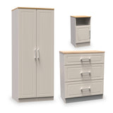 Three pieces of furniture are displayed on a white background: a tall wardrobe with closed doors, a wall-mounted cabinet with one door ajar, and a chest of drawers.