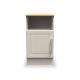 A beige wooden nightstand with a single closed drawer and an open shelf, isolated on a white background.