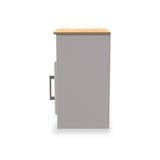 A grey cabinet with a wooden top and a silver handle, standing against a white background.