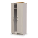 A beige corner wardrobe with open doors revealing shelves and a hanging space, isolated against a white background.