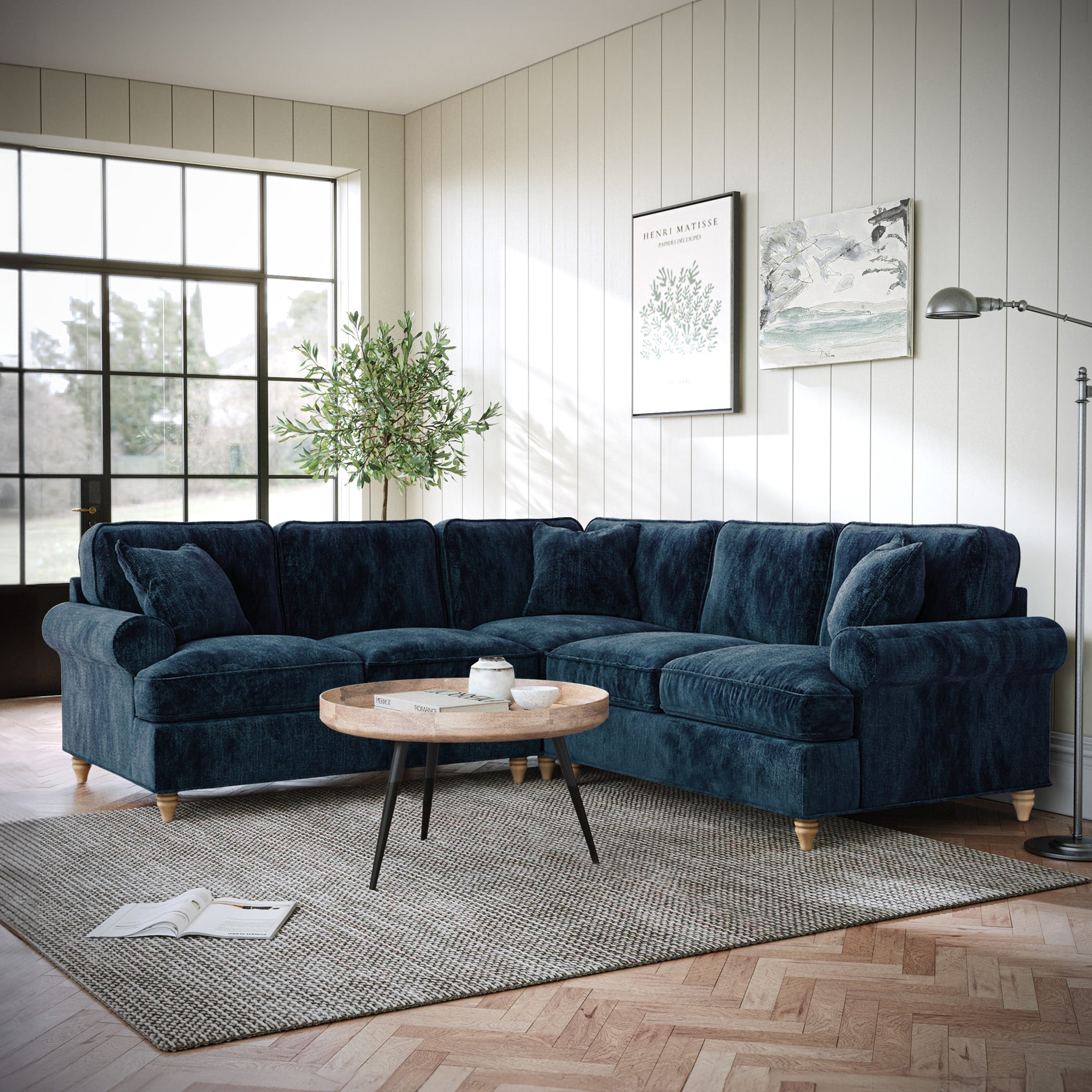 Navy blue velvet store corner sofa