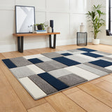 Regis Navy Blue Grey Geometric Cube Rug for bedroom