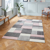 Regis  Rose Pink Grey Geometric Cube Rug for bedroom