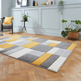 Regis Yellow Grey Geometric Cube Rug for bedroom