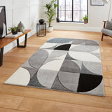 Regis Grey Black Geometric Leaf Rug for bedroom