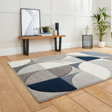 Regis Grey Navy Blue Geometric Leaf Rug for bedroom