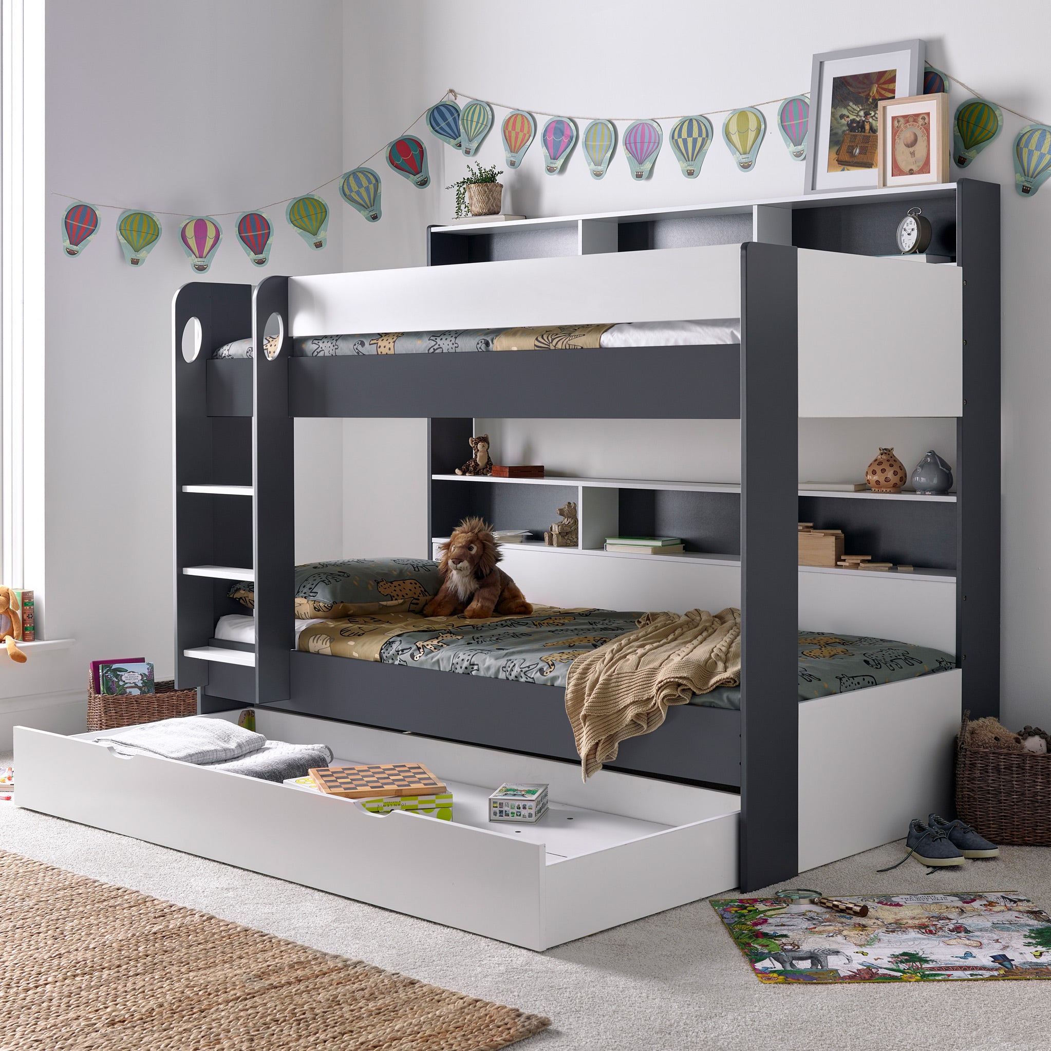 White bunk shop beds with storage