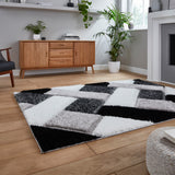 Lennox Black White Geometric Shaggy Rug for bedroom