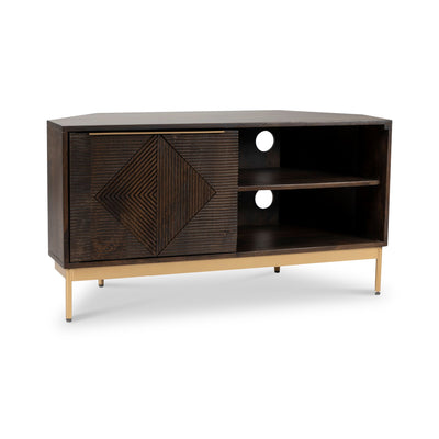 Beau Grooved Brown Mango Wood Corner TV Unit