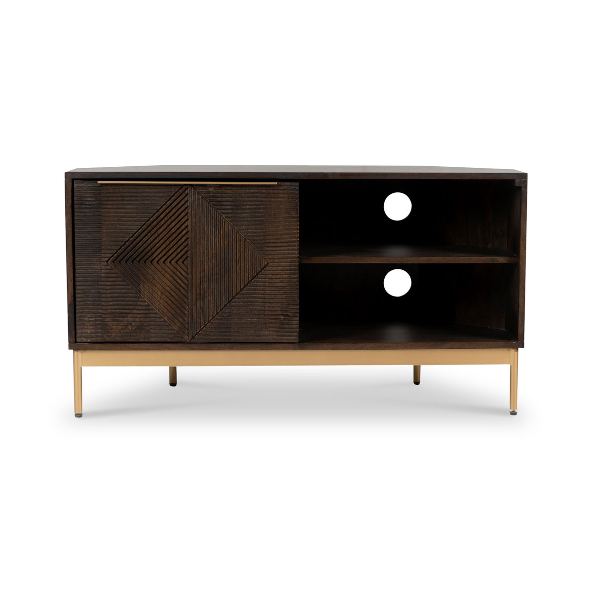 Beau Grooved Mango Wood Brown Corner TV Unit from Roseland Furniture