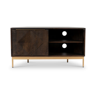 Beau Grooved Brown Mango Wood Corner TV Unit