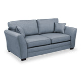 A modern blue sofa with two large cushions and a smaller throw pillow is presented against a white background.