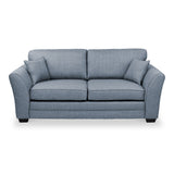 A blue fabric sofa with two cushions stands against a white background, showcasing its design and comfort.