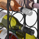 Various wine bottles in a metal rack, with labels facing outward, displaying an assortment of colors and cap styles against a white background.