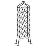 A tall, black metal wine rack with circular holders stands against a white background.