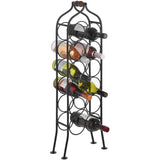 A tall metal wine rack holds multiple bottles of wine, each seated securely within separate circular holders against a white background.