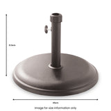 A round, metallic umbrella base with a central support column and tightening knob, measuring 31.5cm in height and 45cm in diameter. Text: "Image for size information only."