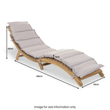 A curved wooden sun lounger with a thick, light-colored cushion. Dimensions are labeled: length 186cm, height 62cm, width 54cm, cushion thickness 5cm. Text: "Image for size information only."