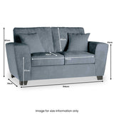 A gray two-seater sofa with dimensions annotated showcases its size: width 154cm, height 87cm, depth 79cm, seat height 47cm, seat depth 50cm, seat width 101cm, and arm height 61cm. Text at the bottom reads "Image for size information only".