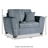 A grey loveseat is displayed with white dimensional measurements: height 87cm, width 124cm, depth 79cm, seat height 47cm, seat depth 50cm, seat width 71cm, and armrest height 61cm. Text: "Image for size information only."