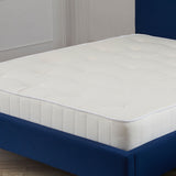 A white mattress on a blue bed frame set against a neutral wall and wooden flooring. No text is visible.