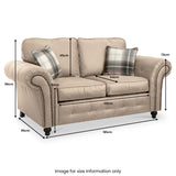 A beige, Chesterfield-style sofa with dimensions labeled: height 96cm, seat depth 64cm, seat height 51cm, width 181cm, and arm height 72cm. Includes measurements for pillows and seat width. Text: "Image for size information only."