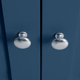 Two silver knobs on a blue double-door cabinet, symmetrically positioned and closed.