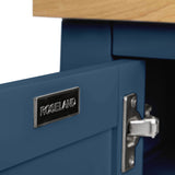 A blue filing cabinet with an open drawer, showcasing a metal nameplate reading "ROSELAND," placed on its front. No visible context.