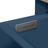 A metallic nameplate with the inscription "ROSELAND" is mounted on a blue surface, partly shadowed by white space above.