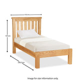 A single wooden bed with a pillow and white bedding, dimensions labeled as 105cm wide, 107cm high, and 206.5cm long. Text on image: "Image for size information only."