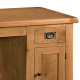 Zelah Oak Small Computer Desk - Close up of drawer and cupboard