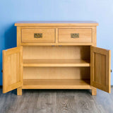 Surrey Oak Small Sideboard - Lifestyle with cupboard doors open