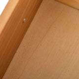 Close-up of a wooden frame corner with a small metallic screw against a plain wood background.