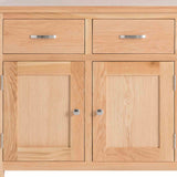 London Oak Mini Sideboard - Close up of front of cupboard, showing cupboard doors and drawers