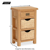 A wooden bedside table with a drawer and two wicker baskets, indicated measurements: 55cm wide, 85cm high, 35cm deep. Text: "Image for size information only. ROSELAND FURNITURE."