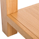 Abbey Light Oak Console Table - Close up of lower shelf and foot