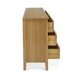 A wooden cabinet with its drawers partially open, displaying its stepped storage design, against a white background.