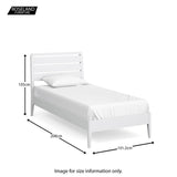 A white single bed with dimensions displayed: height at the headboard 105cm, length 208cm, width 101.2cm. Text "Image for size information only." "ROSELAND FURNITURE" at the top.