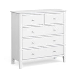 A white five-drawer dresser stands isolated against a plain background; its two small upper drawers are side by side, above three larger, equally sized drawers.