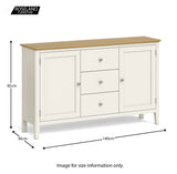 A white sideboard with a natural wood top has three central drawers flanked by two doors. Dimensions are marked: 85cm height, 36cm depth, and 140cm width. Marked "Image for size information only." with "ROSELAND FURNITURE" at the top.