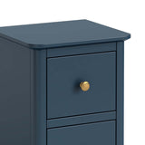 close up of gold handles on the Stirling Blue Narrow Bedside Table