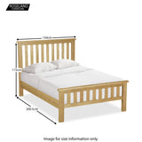 A wooden bed with white bedding annotated with dimensions: length 200.5cm, width 134cm, headboard height 115cm. Logo "ROSELAND Furniture." Below: "Image for size information only."