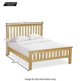 A wooden bed frame with white bedding stands against a white background. Dimensions are indicated: 150cm width, 200.5cm length, 115cm headboard height. Below is the text "ROSELAND FURNITURE" and "Image for size information only."