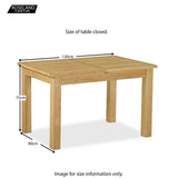 A closed wooden table is shown with measurements: 120cm wide, 80cm deep, and 75cm high. "Size of table closed. Image for size information only." Roseland Furniture logo present.